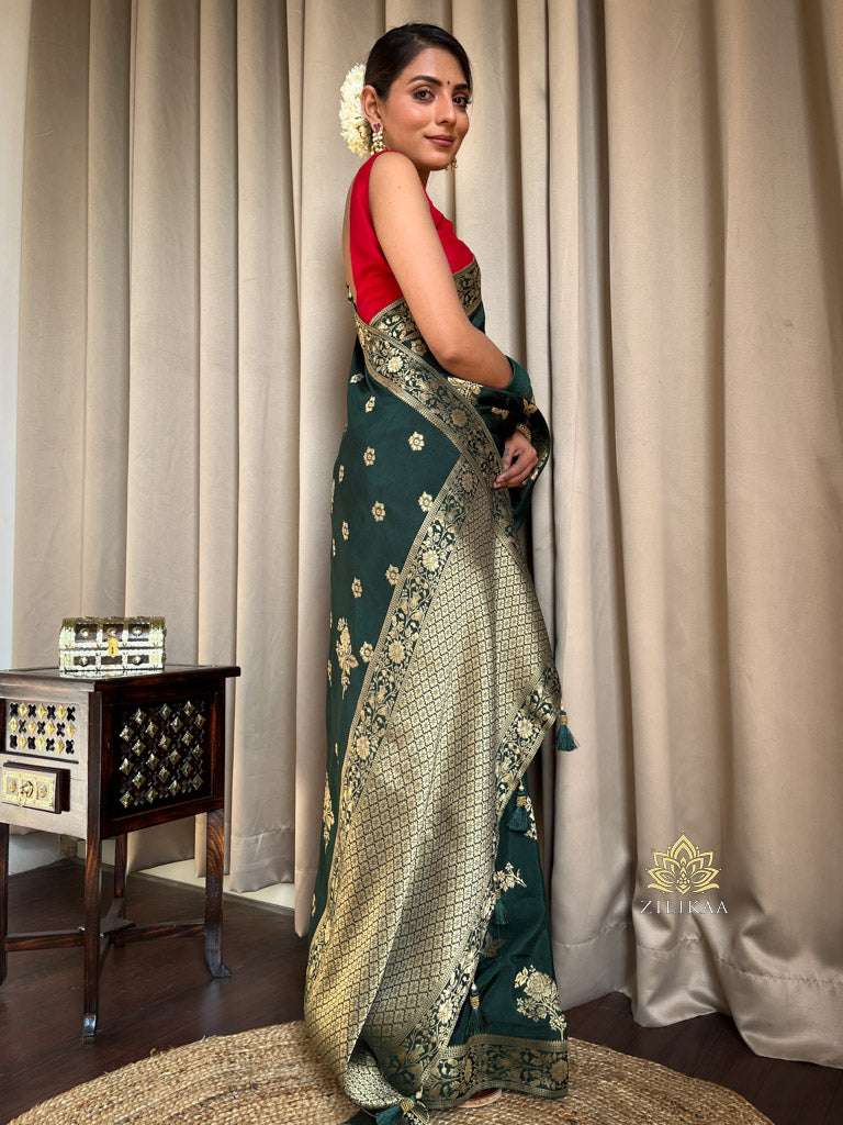 Bottle Green Banarasi Uppada Silk Saree