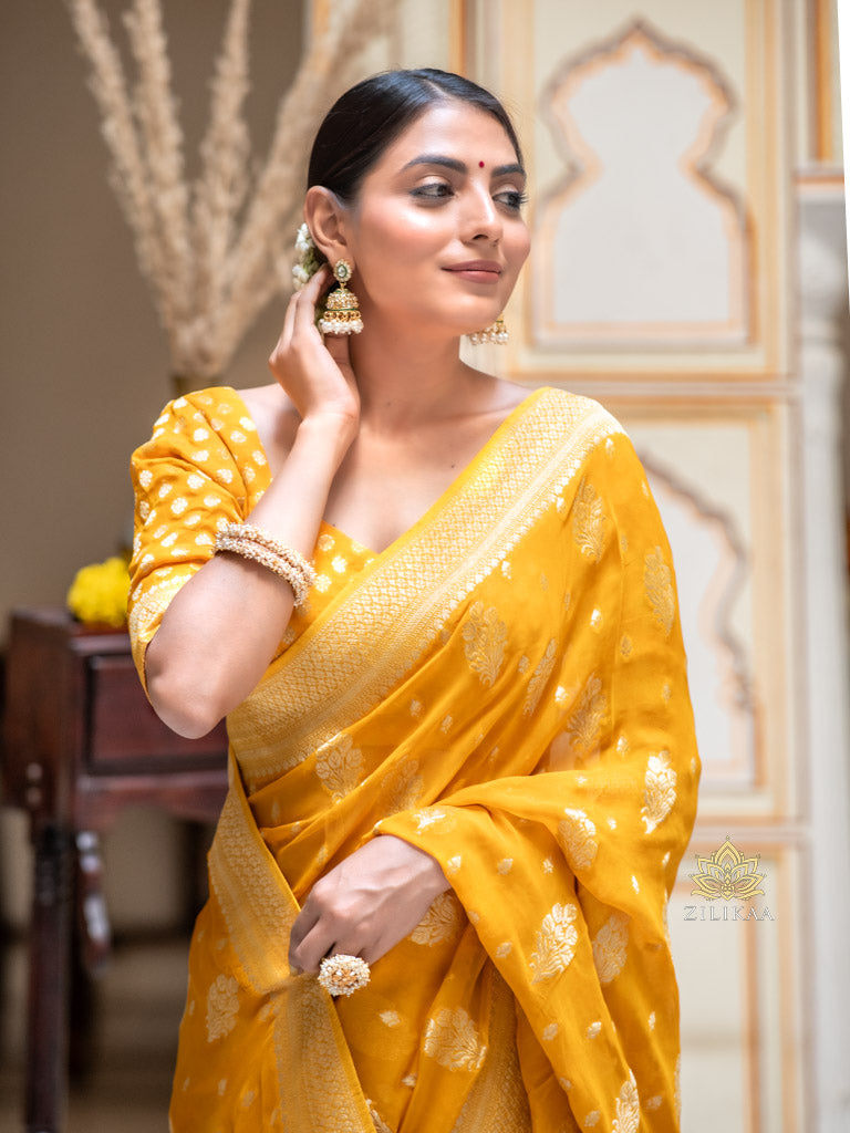 Mustard Yellow Banarasi Khaddi Weaved Georgette Saree