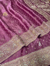 Mauve Pink Zardozi Pearl Handwork Mulberry Banarasi Silk Saree