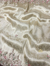 Ivory White Soft Tissue Silk Saree With Scalloped Sequins Zardozi Pearl Handwork