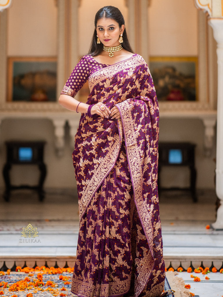 Wine Banarasi Meenakari Khaddi Weaved Georgette Saree