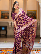 Wine Banarasi Meenakari Khaddi Weaved Georgette Saree