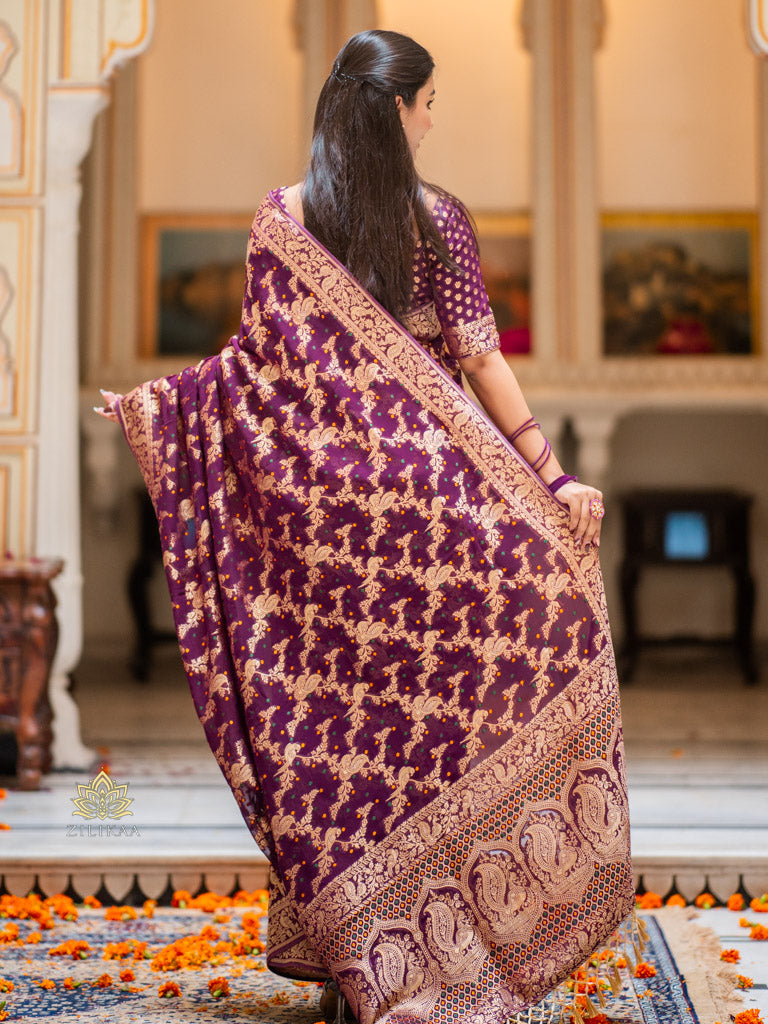 Wine Banarasi Meenakari Khaddi Weaved Georgette Saree