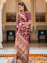 Wine Banarasi Meenakari Khaddi Weaved Georgette Saree