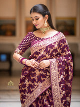 Wine Banarasi Meenakari Khaddi Weaved Georgette Saree