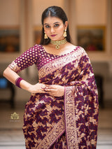 Wine Banarasi Meenakari Khaddi Weaved Georgette Saree