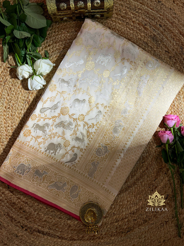 Ivory white Shikargah Banarasi Katan Silk Saree