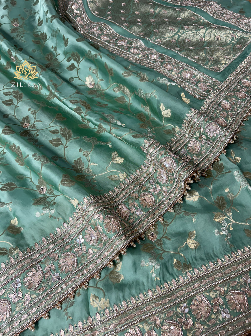 Tiffany Green Zardozi Handwork Mulberry Banarasi Silk Saree