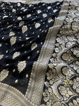 Midnight Black Banarasi Khaddi Weaved Georgette Saree