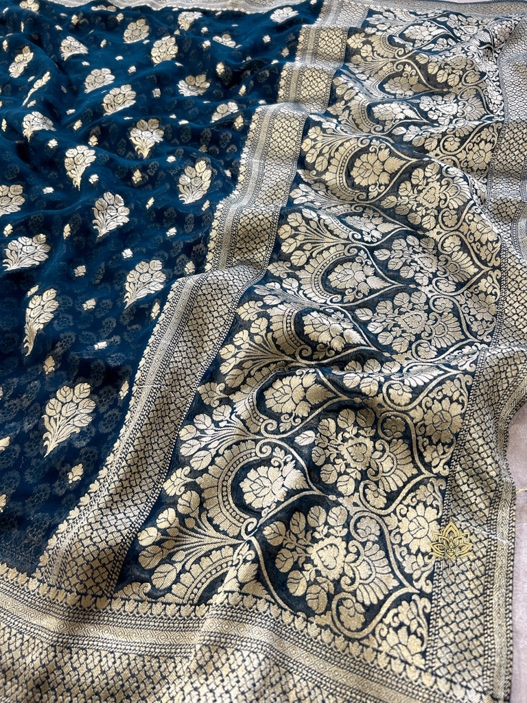 Midnight Blue Banarasi Khaddi Weaved Georgette Saree