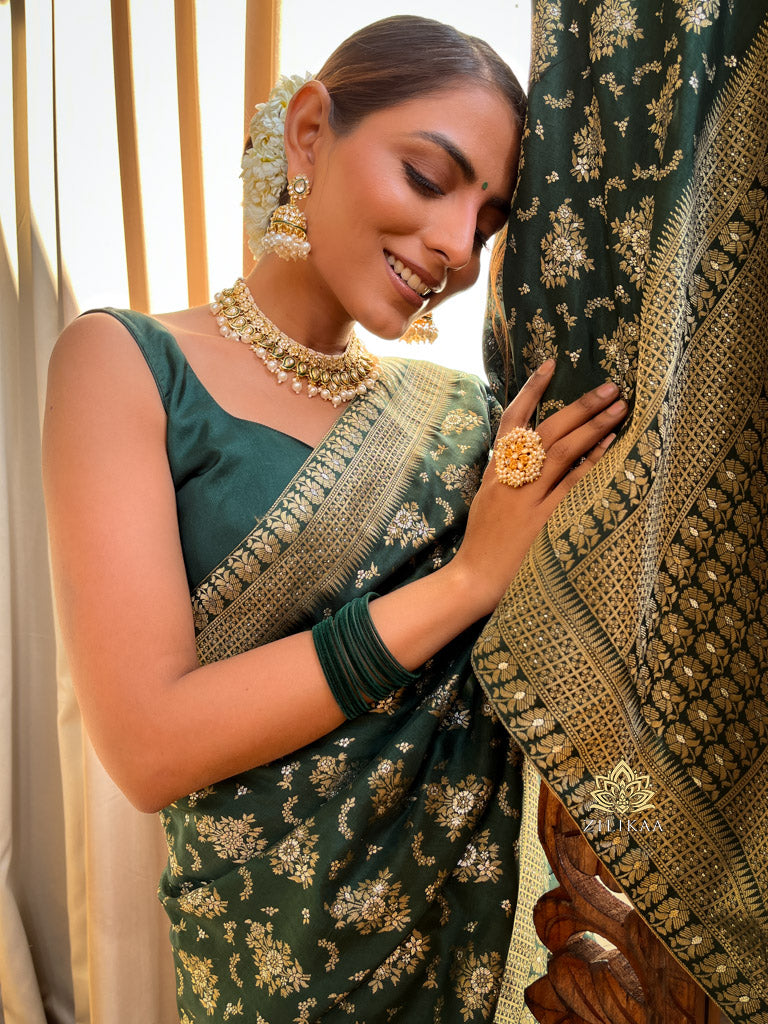 Bottle Green Banarasi Uppada Silk Saree