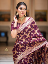 Wine Banarasi Meenakari Khaddi Weaved Georgette Saree