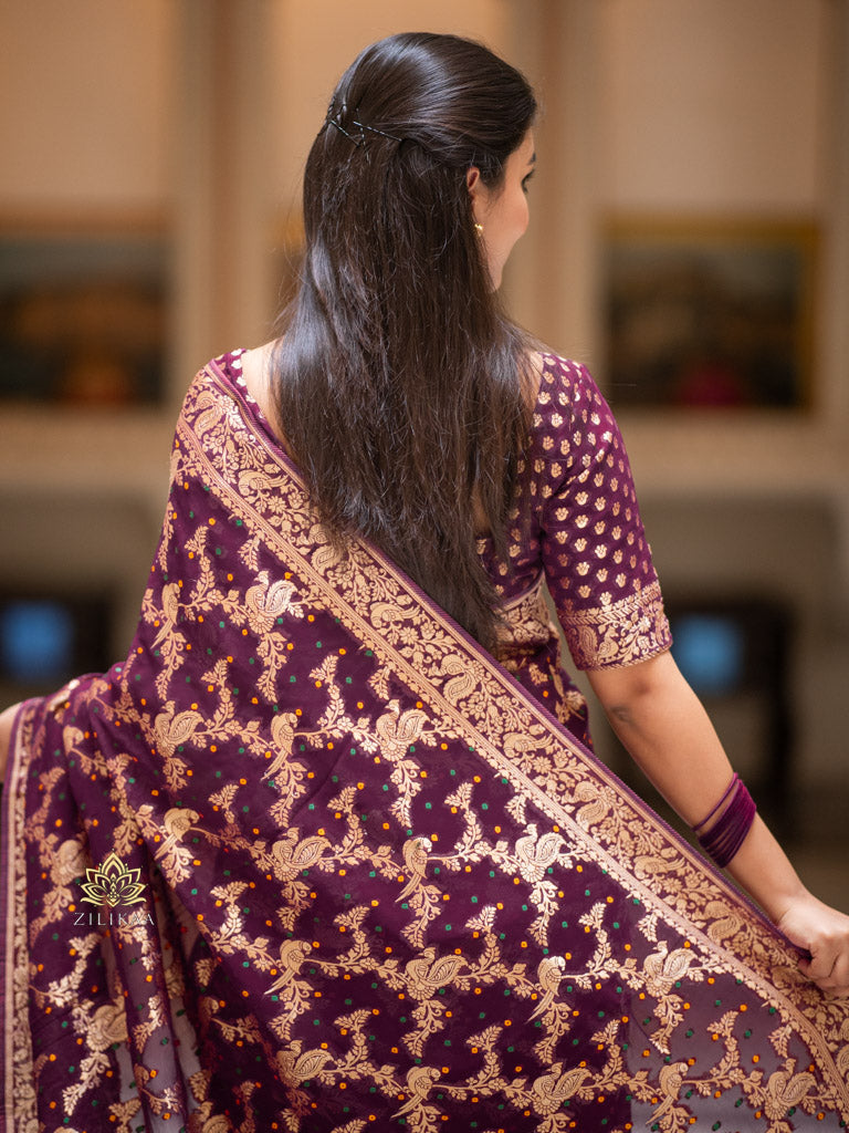 Wine Banarasi Meenakari Khaddi Weaved Georgette Saree