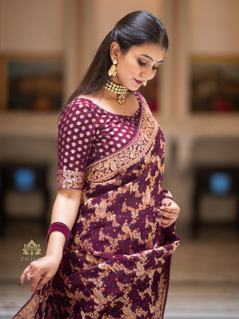 Wine Banarasi Meenakari Khaddi Weaved Georgette Saree