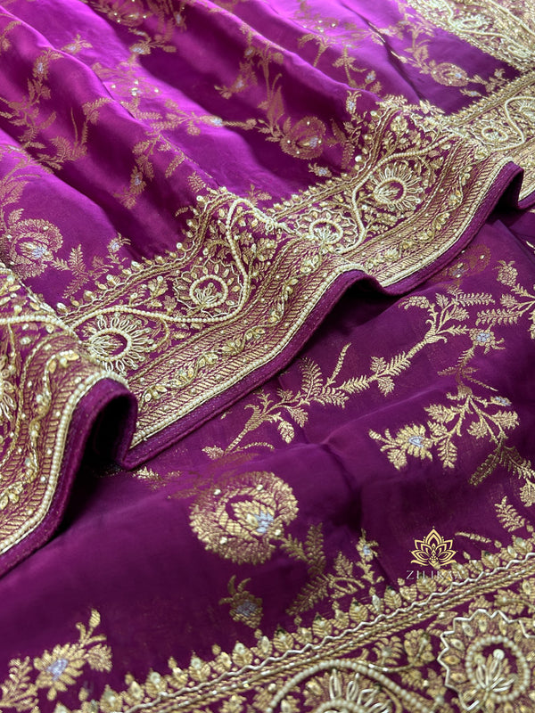 Plum Purple Zardozi Pearl Handwork Mulberry Banarasi Silk Saree