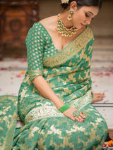 French Green Banarasi Meenakari Khaddi Weaved Georgette Saree