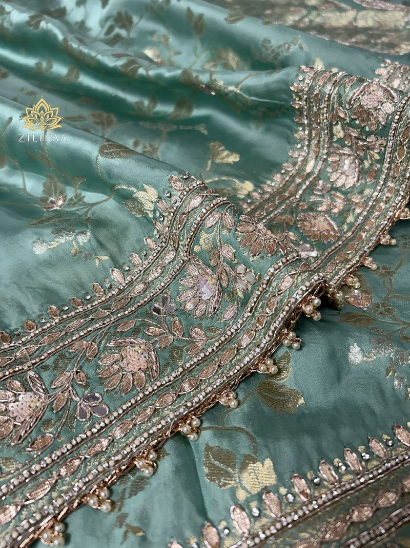 Tiffany Green Zardozi Handwork Mulberry Banarasi Silk Saree
