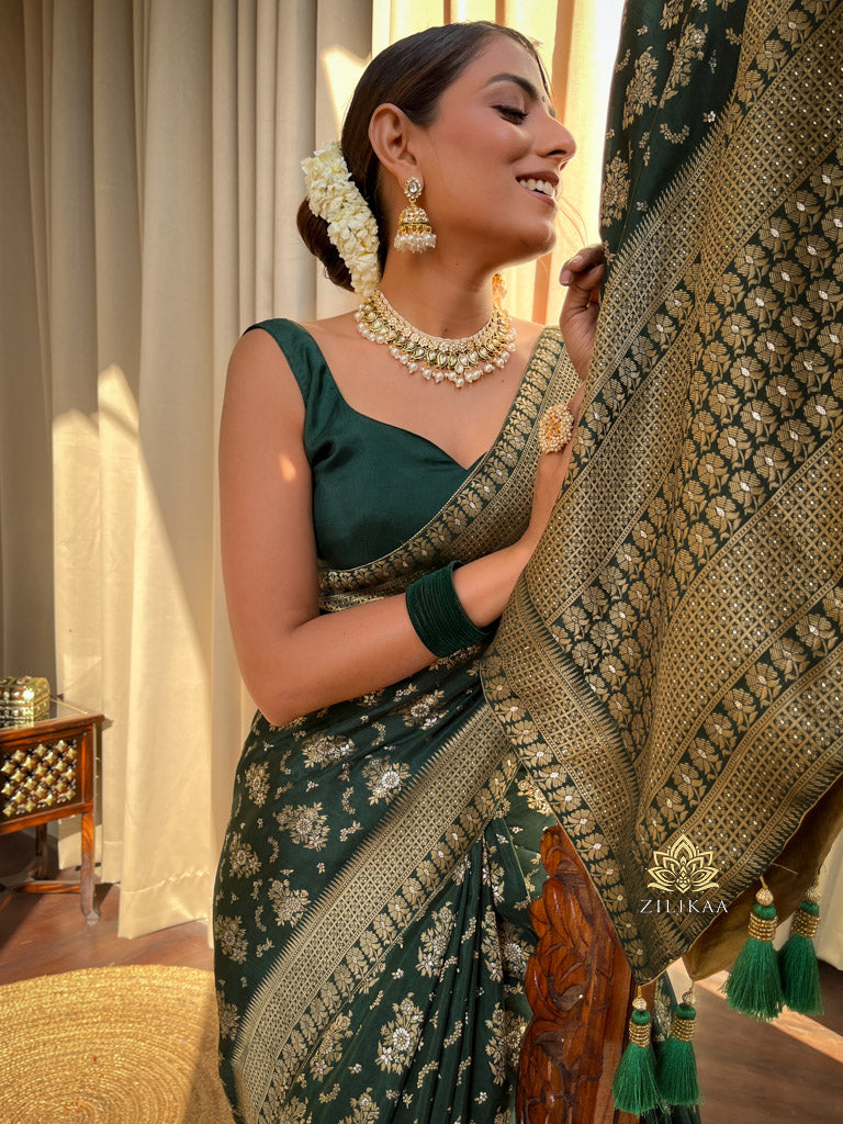 Bottle Green Banarasi Uppada Silk Saree