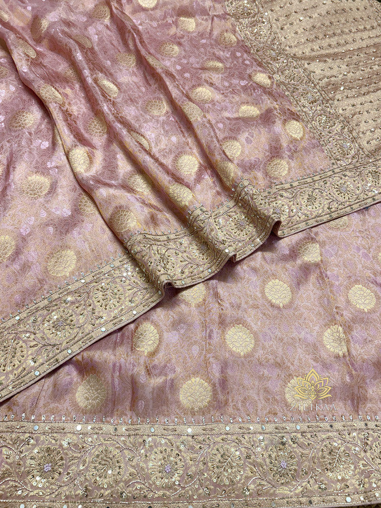 Baby Pink Self Woven Kanchi Silk Saree with Zardozi Hand Embroidery