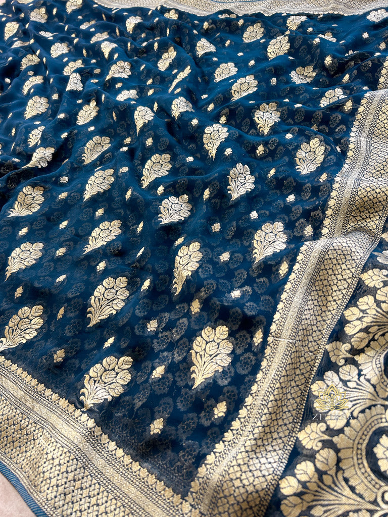 Midnight Blue Banarasi Khaddi Weaved Georgette Saree