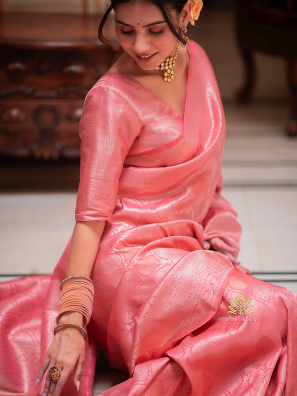 Peach Pink Kanchipuram Silk Saree