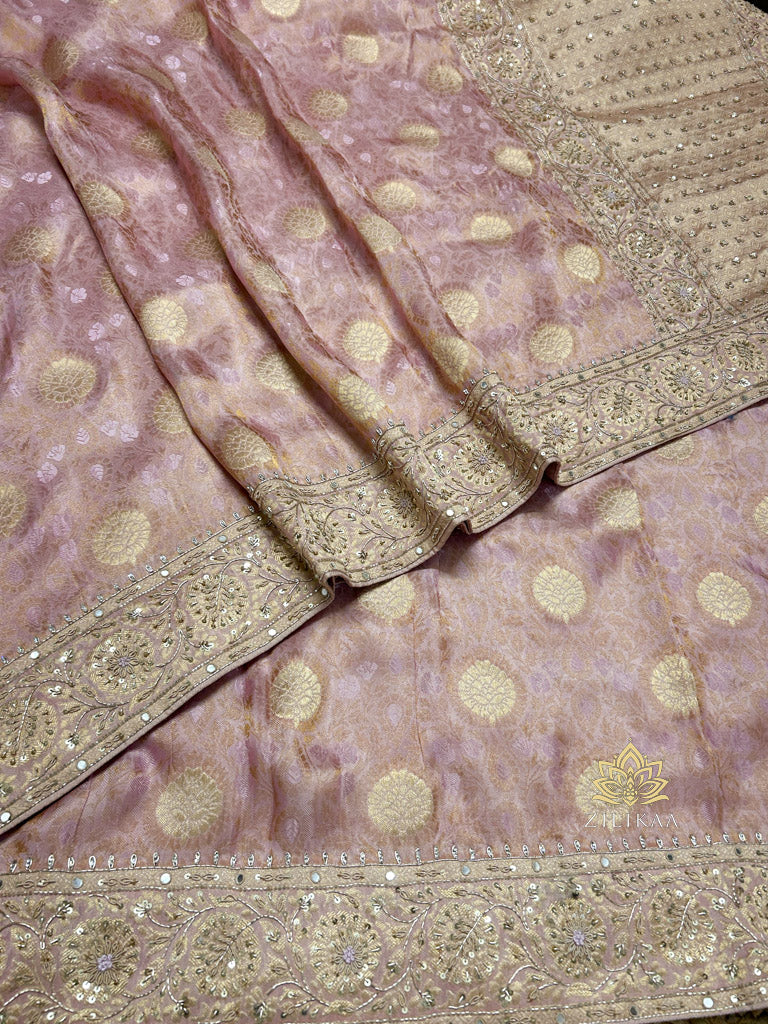 Baby Pink Self Woven Kanchi Silk Saree with Zardozi Hand Embroidery