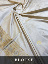 Ivory white Shikargah Banarasi Katan Silk Saree