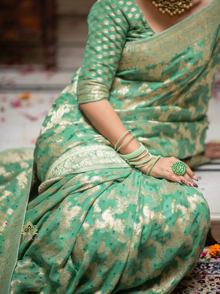 French Green Banarasi Meenakari Khaddi Weaved Georgette Saree