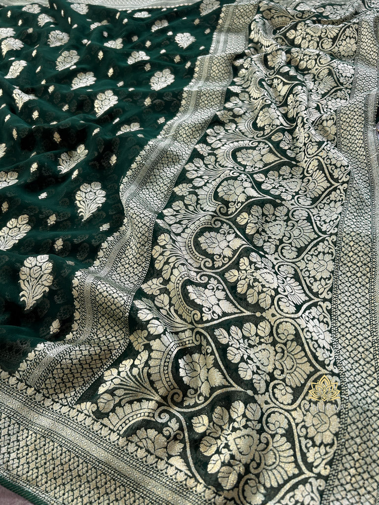 Bottle Green Banarasi Khaddi Weaved Georgette Saree