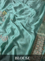 Tiffany Green Zardozi Handwork Mulberry Banarasi Silk Saree