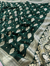 Bottle Green Banarasi Khaddi Weaved Georgette Saree