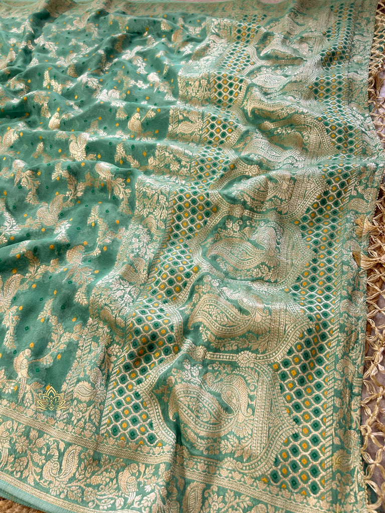 French Green Banarasi Meenakari Khaddi Weaved Georgette Saree