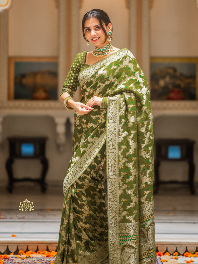 Mehendi Green Banarasi Meenakari Khaddi Weaved Georgette Saree