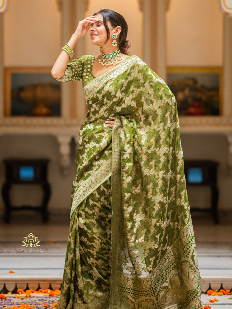 Mehendi Green Banarasi Meenakari Khaddi Weaved Georgette Saree