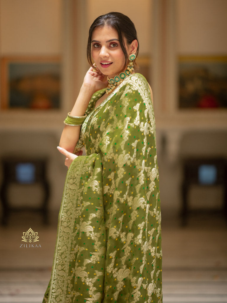 Mehendi Green Banarasi Meenakari Khaddi Weaved Georgette Saree