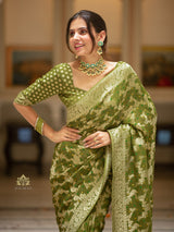 Mehendi Green Banarasi Meenakari Khaddi Weaved Georgette Saree