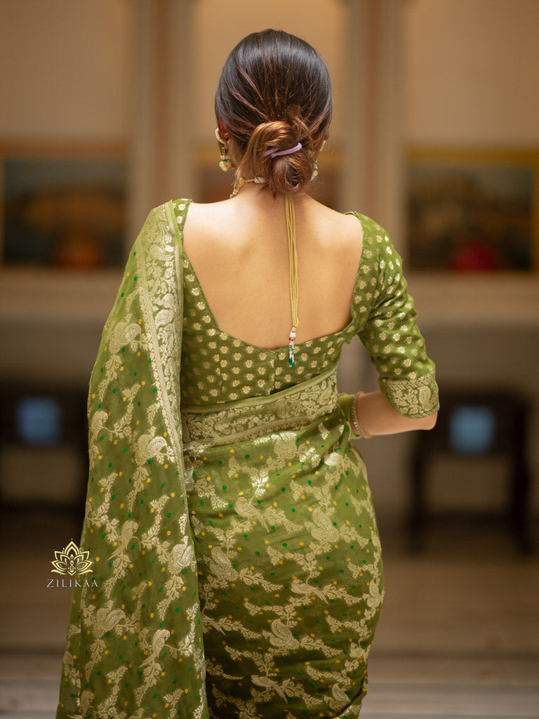 Mehendi Green Banarasi Meenakari Khaddi Weaved Georgette Saree