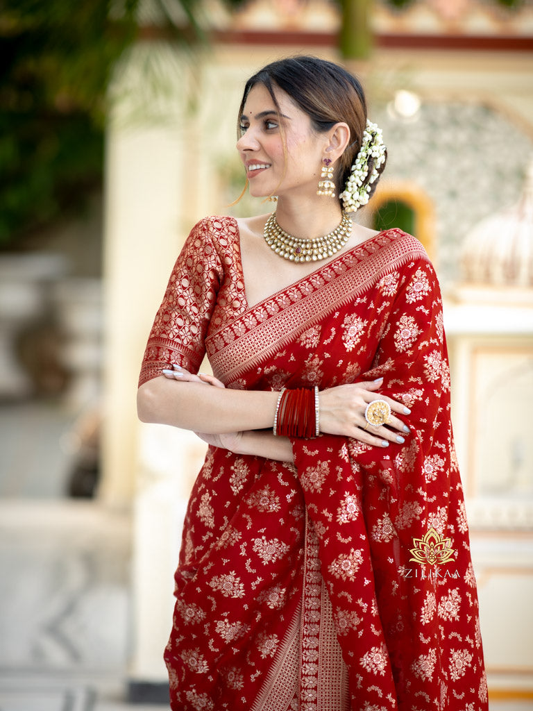 Scarlet Red Banarasi Uppada Silk Saree