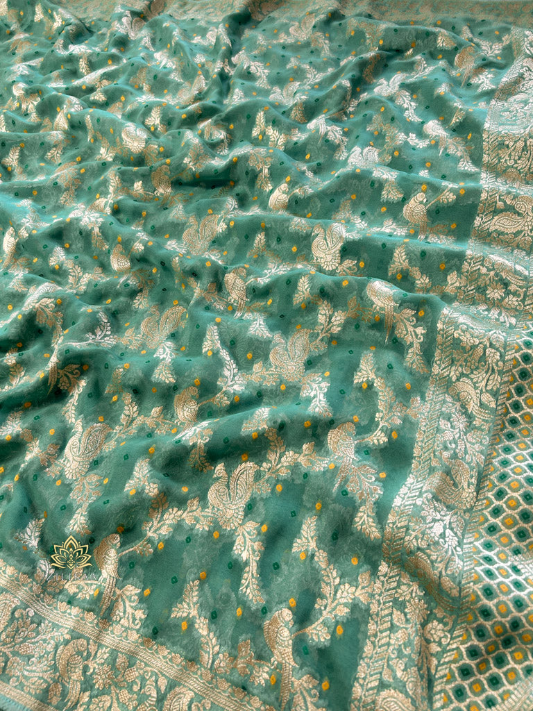 French Green Banarasi Meenakari Khaddi Weaved Georgette Saree