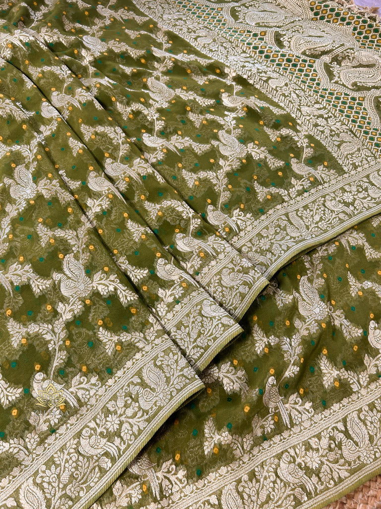 Mehendi Green Banarasi Meenakari Khaddi Weaved Georgette Saree