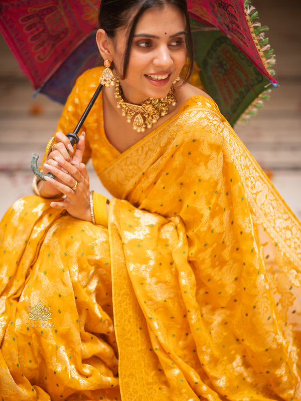 Mustard Yellow Banarasi Meenakari Khaddi Weaved Georgette Saree