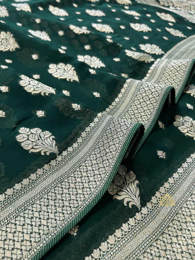 Bottle Green Banarasi Khaddi Weaved Georgette Saree