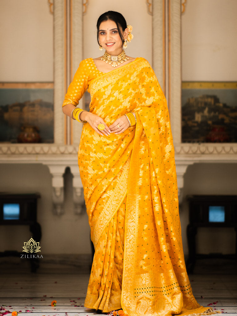 Mustard Yellow Banarasi Meenakari Khaddi Weaved Georgette Saree