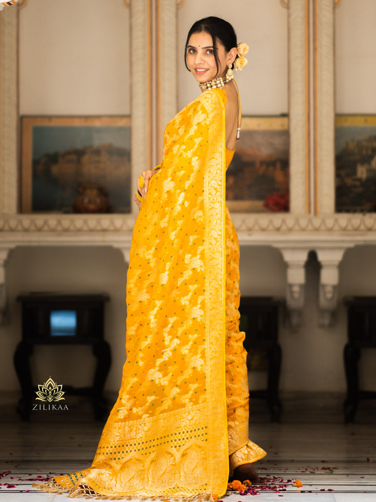 Mustard Yellow Banarasi Meenakari Khaddi Weaved Georgette Saree