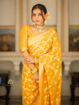 Mustard Yellow Banarasi Meenakari Khaddi Weaved Georgette Saree