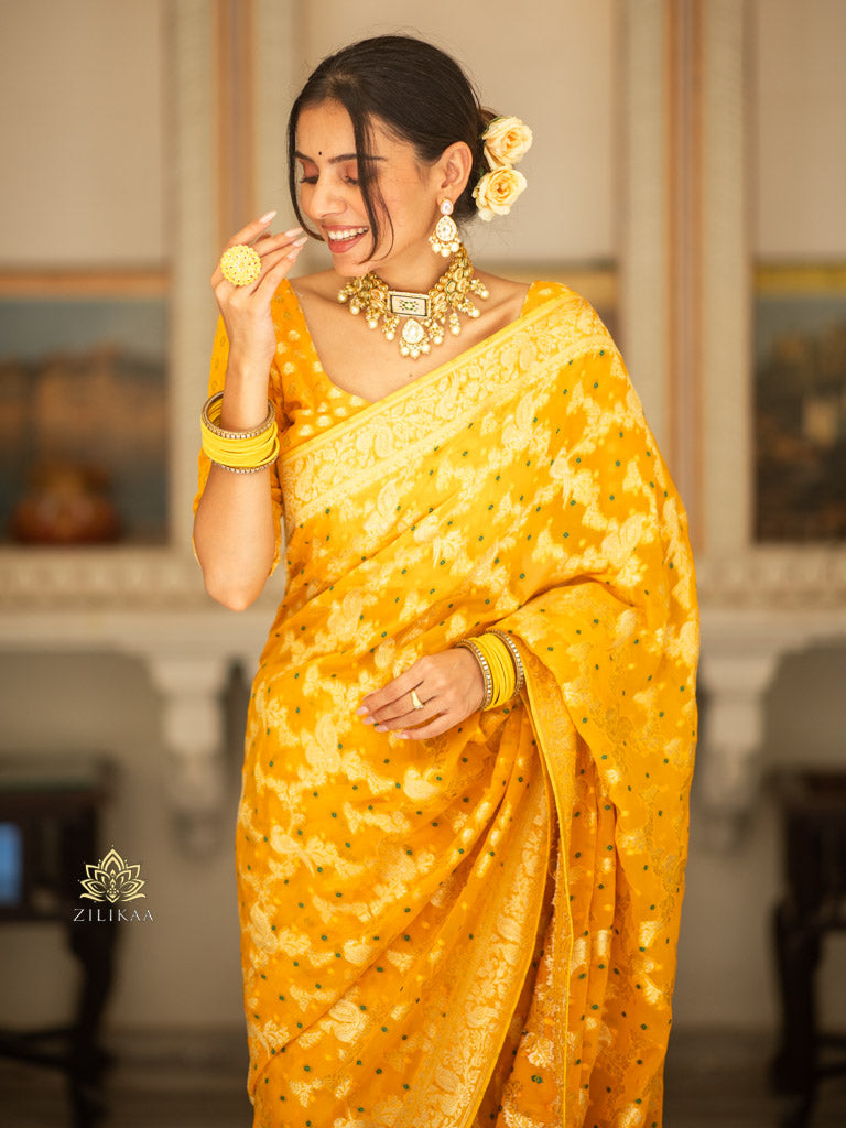 Mustard Yellow Banarasi Meenakari Khaddi Weaved Georgette Saree