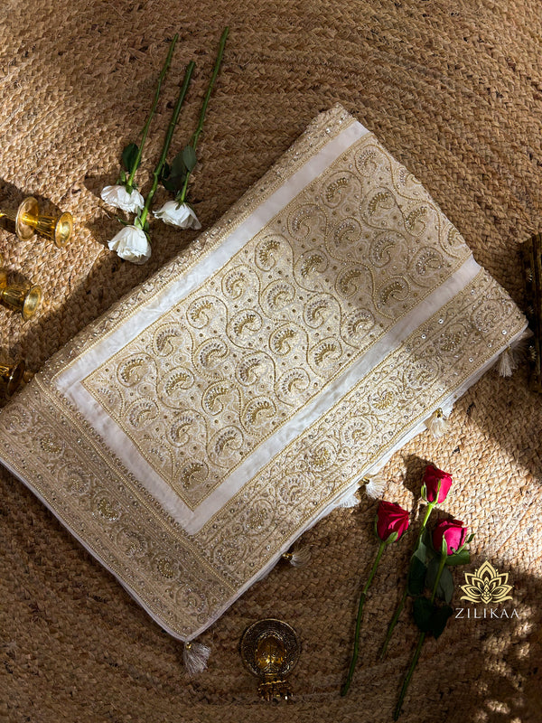 Ivory Special Zardozi Pearl Handwork Mulberry Banarasi Silk Saree