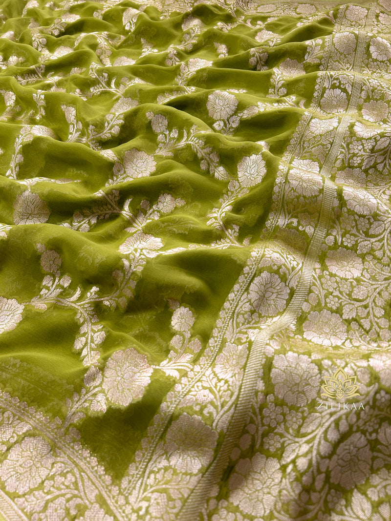 Baby Mehendi Banarasi Khaddi Weaved Georgette Saree