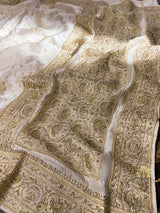 Ivory Special Zardozi Pearl Handwork Mulberry Banarasi Silk Saree