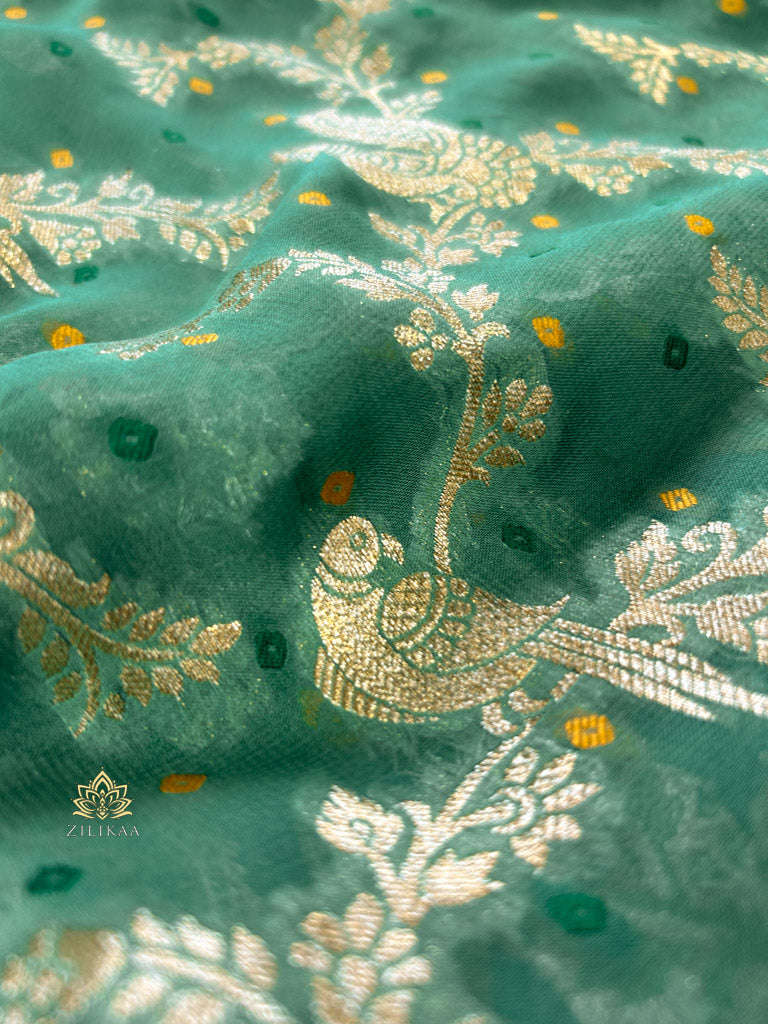 French Green Banarasi Meenakari Khaddi Weaved Georgette Saree